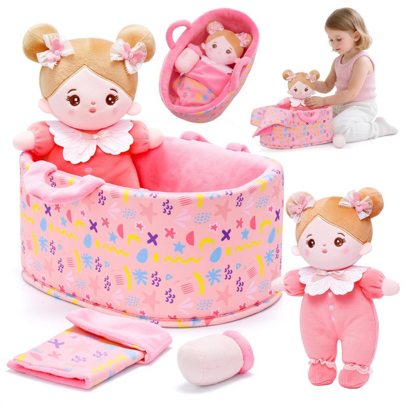 OUOZZZ 10 Baby Doll for 2 Year Old Girls Set with Soft Doll Bassinet Blanket and Bottle Interactive Pretend Playset for Social Emotional Learning Birthday Gift for 2 Year Olds Girls Pink - Image 2