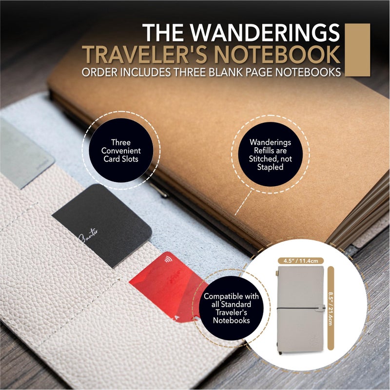 WANDERINGS Regular Size Travelers Notebook with Pockets - 4.5"x8.5" / 11.5cm x 22cm - Refillable Travelers Journal - A Beautifully Handcrafted Leather Journal in Oat, 100 GSM Blank Inserts - Image 2