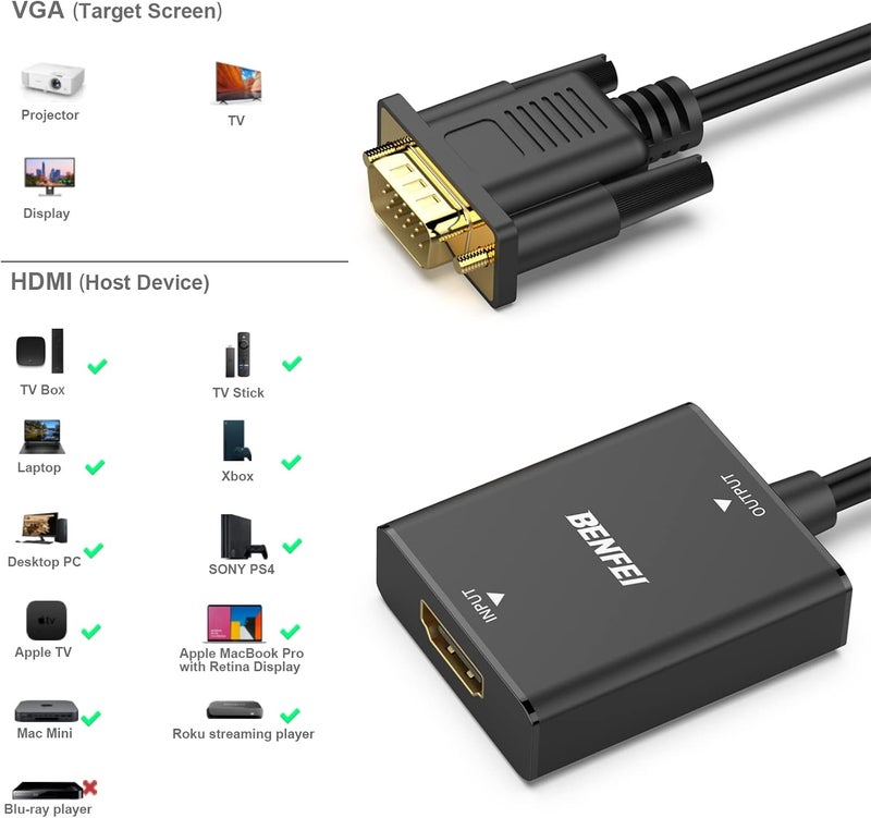 Benfei محول HDMI إلى VGA، مدخل HDMI أنثوي إلى مخرج VGA ذكري مع مقبس صوت 3.5 مم متوافق مع عصا التلفاز، الكمبيوتر، اللابتوب، إلخ - عبوتان - Image 3