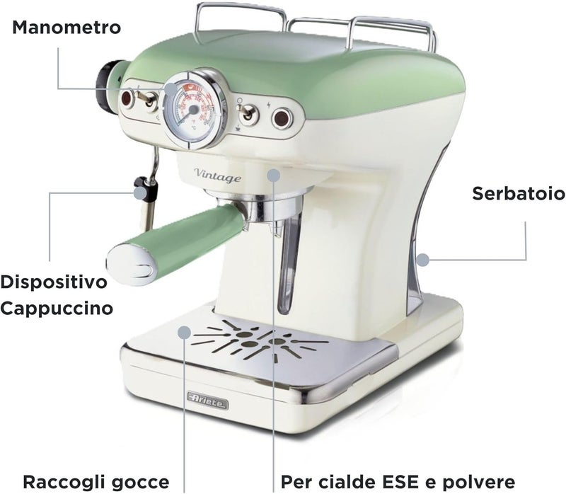 Ariete 1389A Coffee Machine Vintage, 850 W, 2 Cups, Green - Image 3