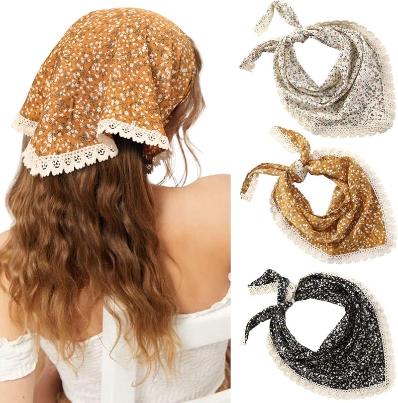 3Pcs Floral Head Scarf Set - Vintage Boho Chiffon Hair Bandanas for Women and Girls (Yellow, Black, Beige) - Image 1