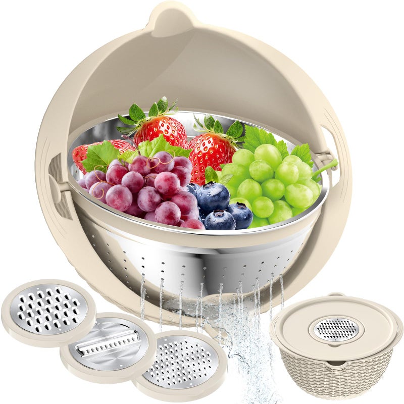 STOCKPOT 4-1 Colander with Mixing Bowl Set, Food Strainers and Colanders Set for Kitchen, Pasta Rice Strainer, Fruit and Veggie Washer, Salad Spinner, Kitchen Essentials Strainer Basket Bowl,Beige - Image 1