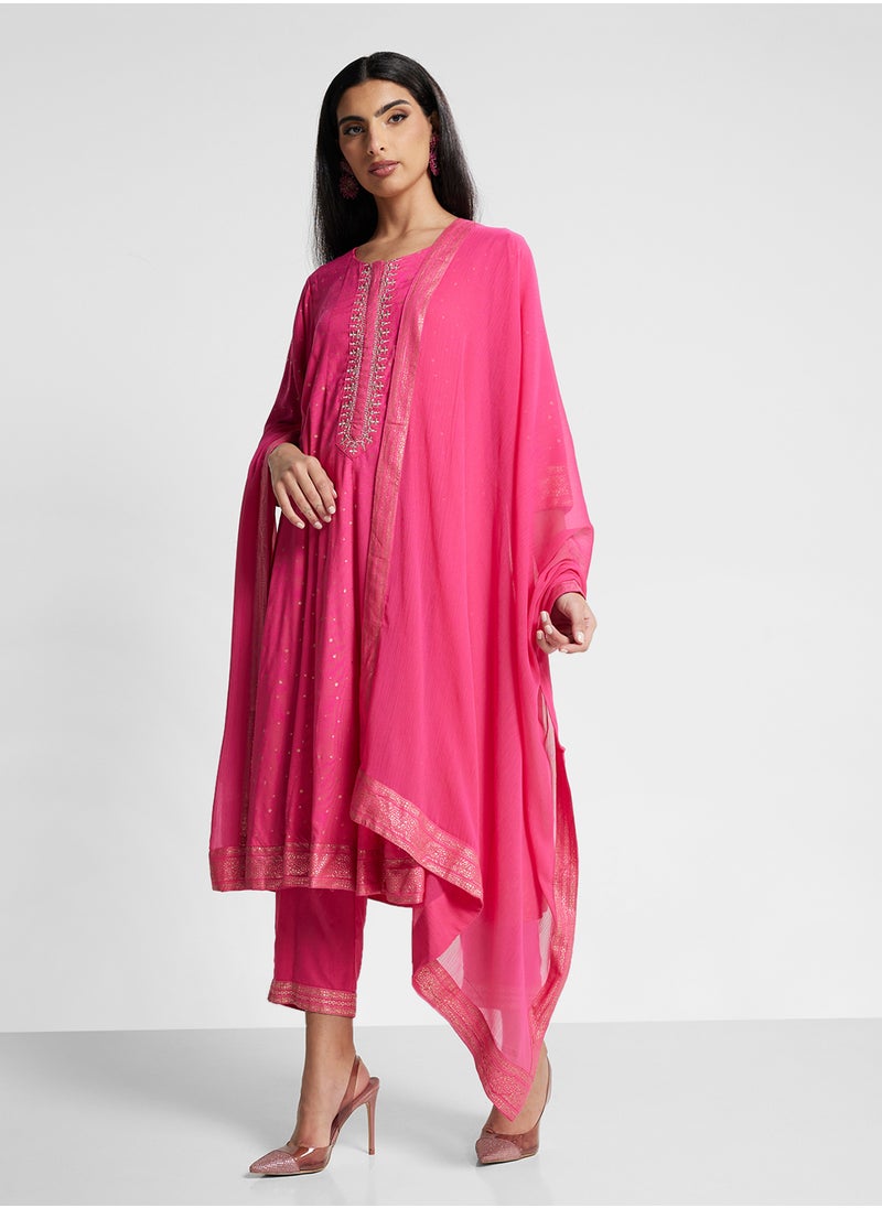 Biba - Printed Kurta, Palazo & Dupatta Set - Image 1
