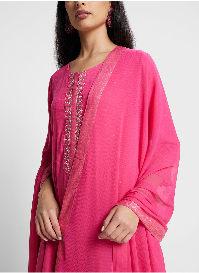 Biba - Printed Kurta, Palazo & Dupatta Set - Image 1