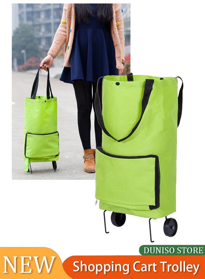 Loquat Shopping Bag with Wheels, Portable Trolley Bags Foldable Tote Grocery Cart, Reusable and Collapsible Utility Bag, 360° Swivel Wheels, Large Capacity Telescopic Storage Bag for Traveling (Green) - Image 3