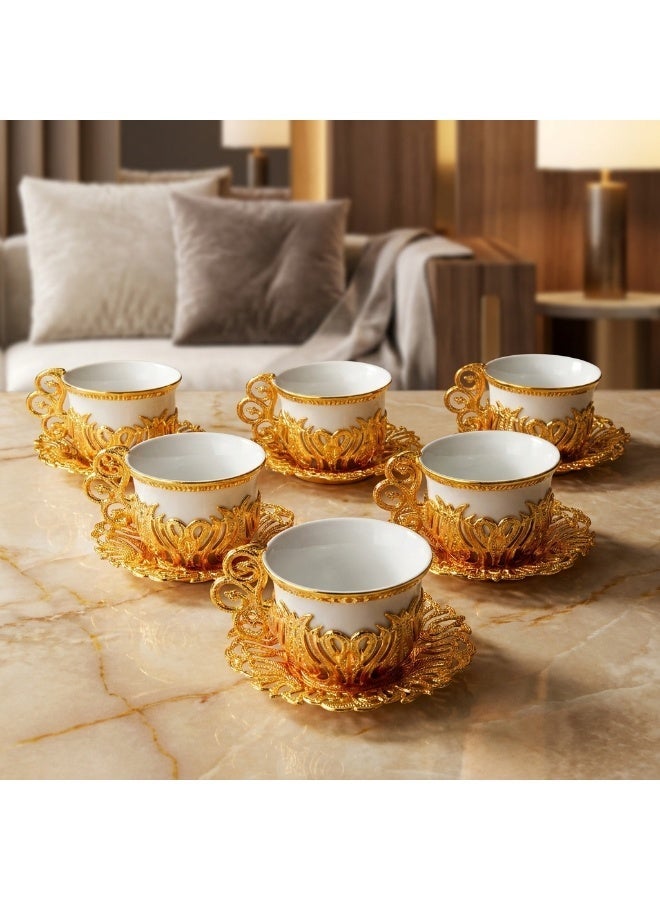 Acar 6-Piece Arabic & Turkish Coffee Set – Includes 6 Exquisite White Porcelain Cups with Stunning Gold Copper Cup Holders and Saucers for a Luxurious Tea Experience! Made in Türkiye - Image 1