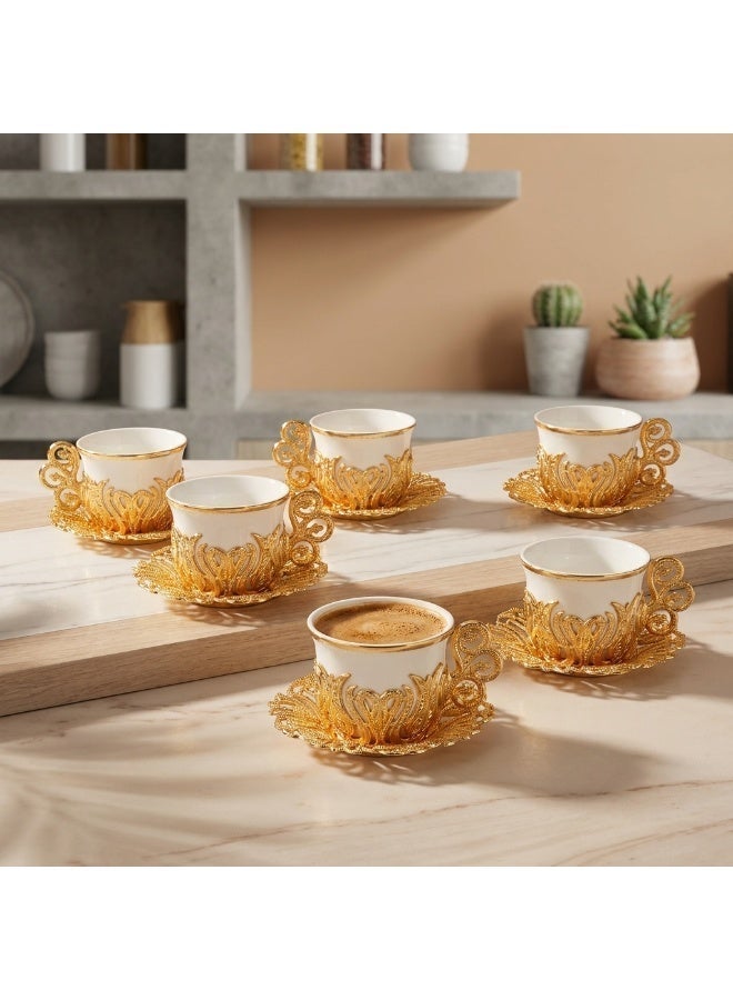 Acar 6-Piece Arabic & Turkish Coffee Set – Includes 6 Exquisite White Porcelain Cups with Stunning Gold Copper Cup Holders and Saucers for a Luxurious Tea Experience! Made in Türkiye - Image 3
