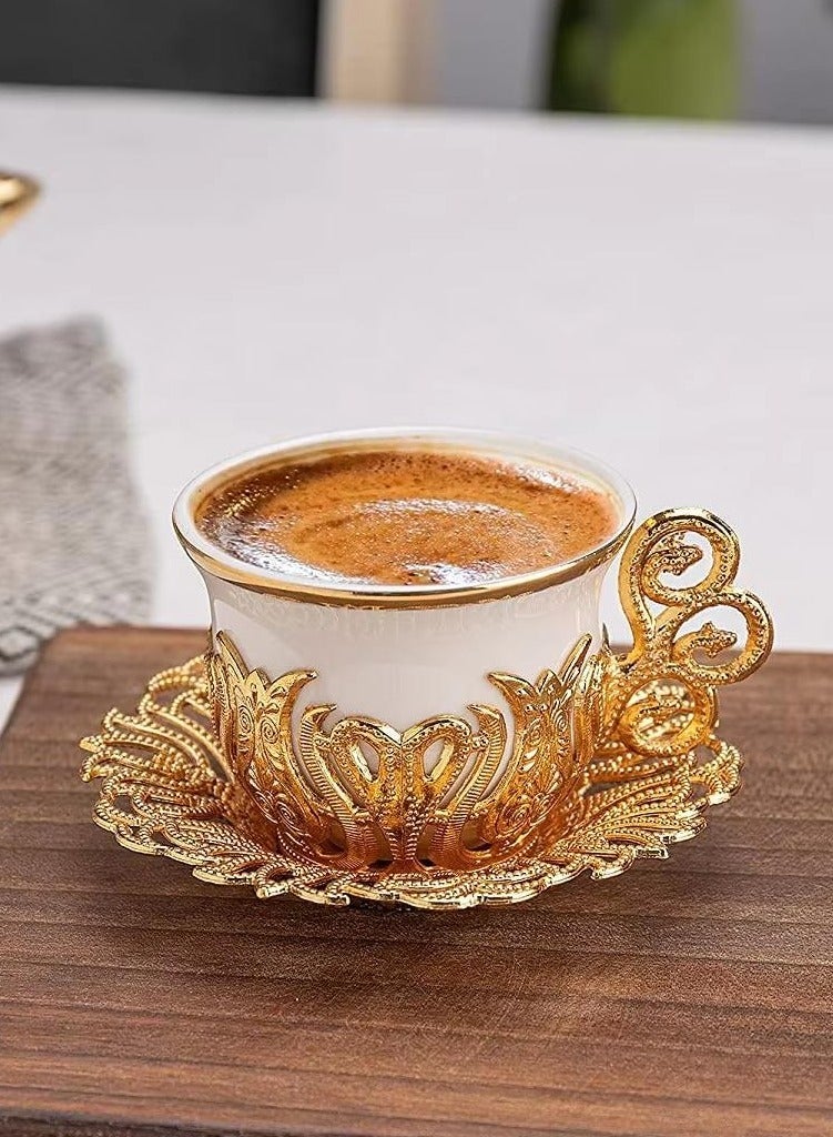 Acar 6-Piece Arabic & Turkish Coffee Set – Includes 6 Exquisite White Porcelain Cups with Stunning Gold Copper Cup Holders and Saucers for a Luxurious Tea Experience! Made in Türkiye - Image 2