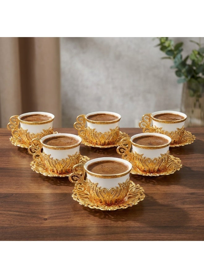 Acar 6-Piece Arabic & Turkish Coffee Set – Includes 6 Exquisite White Porcelain Cups with Stunning Gold Copper Cup Holders and Saucers for a Luxurious Tea Experience! Made in Türkiye - Image 4