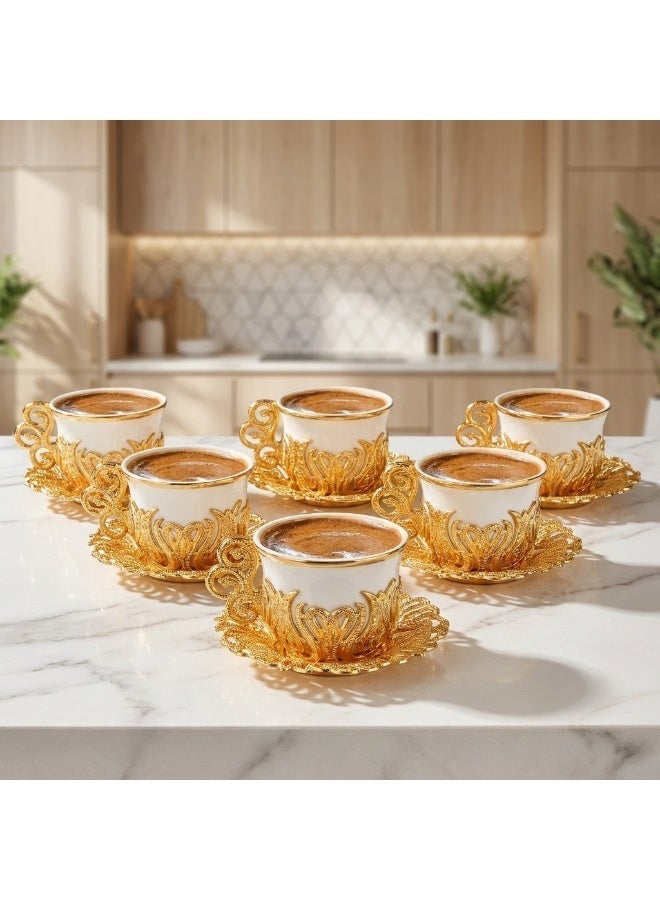 Acar 6-Piece Arabic & Turkish Coffee Set – Includes 6 Exquisite White Porcelain Cups with Stunning Gold Copper Cup Holders and Saucers for a Luxurious Tea Experience! Made in Türkiye - Image 5