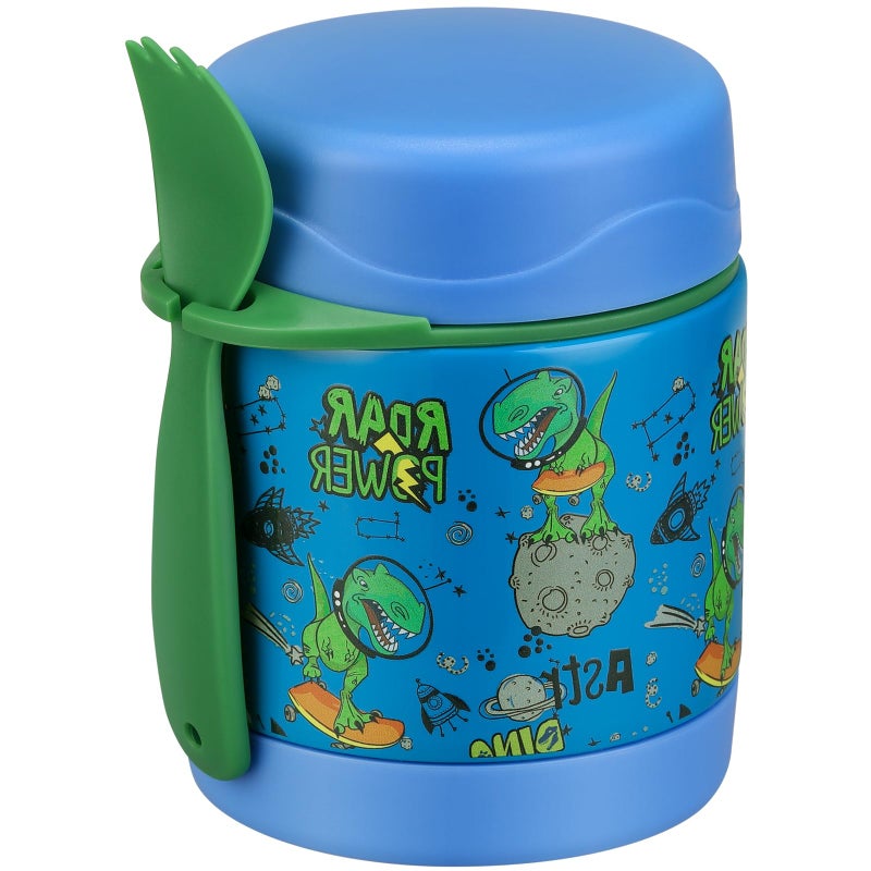 Howeemo 10oz Soup Thermo for Hot Food Kids,Lunch Thermo Kids Food Jar with Spoon Hot Insulated Food Containers,Leak Proof Stainless Steel Wide Mouth Lunch Food Thermo Jar for School(Blue-Dinosaur) - Image 1