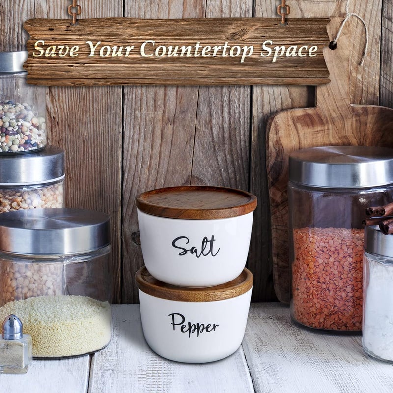 DAYYET Salt and Pepper Bowls, 10 oz Salt Cellar with Lid, Stacked Ceramic Salt Pepper Container with Acacia Wood Lid, Salt Box for Countertop, Modern Kitchen Decor, Set of 2, White - Image 5