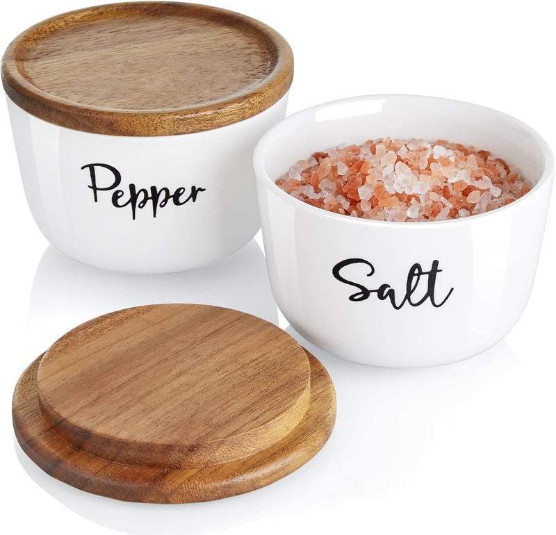 DAYYET Salt and Pepper Bowls, 10 oz Salt Cellar with Lid, Stacked Ceramic Salt Pepper Container with Acacia Wood Lid, Salt Box for Countertop, Modern Kitchen Decor, Set of 2, White - Image 1