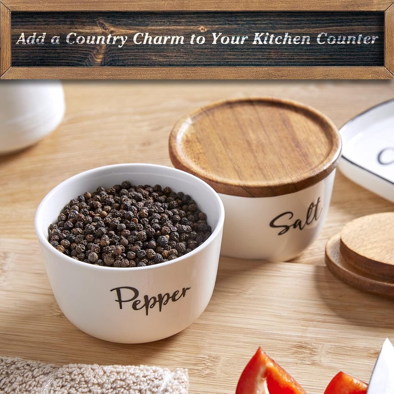 DAYYET Salt and Pepper Bowls, 10 oz Salt Cellar with Lid, Stacked Ceramic Salt Pepper Container with Acacia Wood Lid, Salt Box for Countertop, Modern Kitchen Decor, Set of 2, White - Image 2