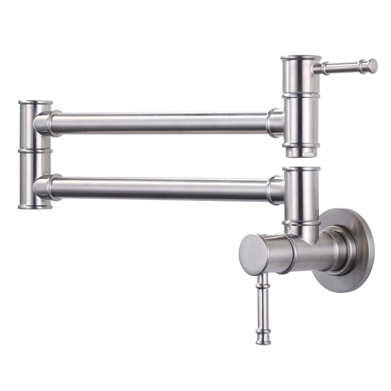 ALEASHA Solid Brass Pot Filler Faucet, Brushed Nickel Folding Kitchen Pot Filler Faucet One Hole, Wall Mount Pot Filler Faucet with 2 Handle Over Stove - Image 1