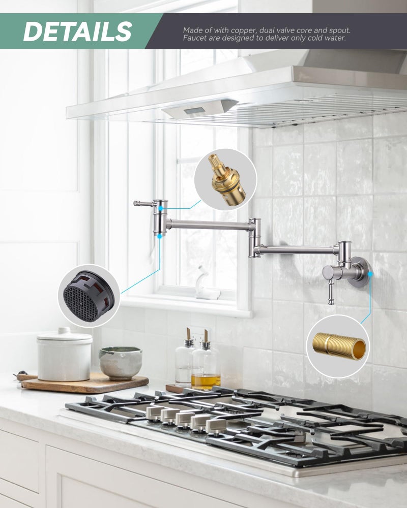 ALEASHA Solid Brass Pot Filler Faucet, Brushed Nickel Folding Kitchen Pot Filler Faucet One Hole, Wall Mount Pot Filler Faucet with 2 Handle Over Stove - Image 3