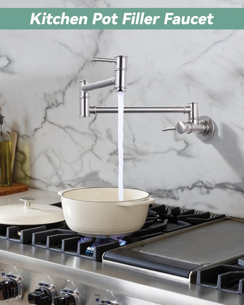 ALEASHA Solid Brass Pot Filler Faucet, Brushed Nickel Folding Kitchen Pot Filler Faucet One Hole, Wall Mount Pot Filler Faucet with 2 Handle Over Stove - Image 2