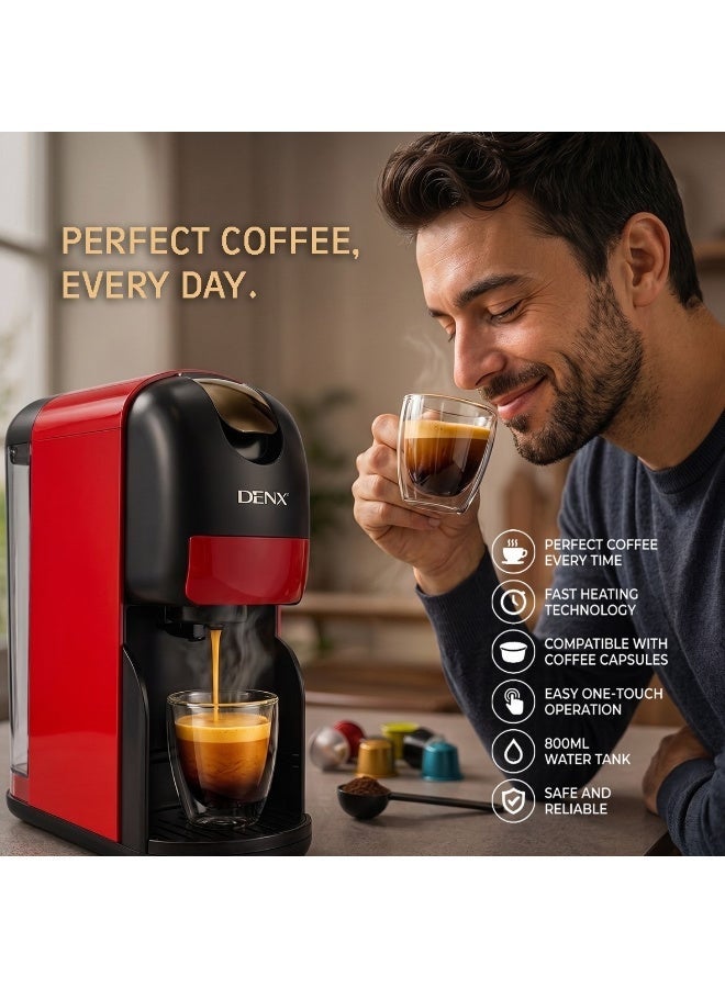 DENX DX3416 3-in-1 Multi-Capsule Coffee Machine, 20 Bar, 1400W, 1L Tank, Red/Black - Image 1