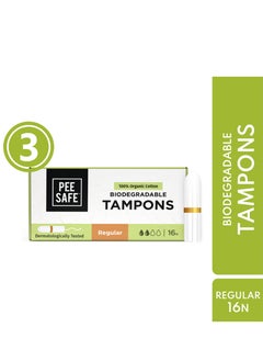 PEESAFE PeeSafe 100% Organic Cotton Tampons, Comfortable & Stain-Free, Biodegradable, Dermatologically tested, Light to Medium Flow Regular Size, 16 Tampons Pack Of 3  - Image 1