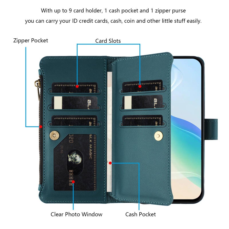 HuHa Case Cover For Tecno Camon 40 Pro 4G Global Magnetic Closure 9 Card Slots Zipper Leather Case with Hand Strap(Dark Green) - Image 3
