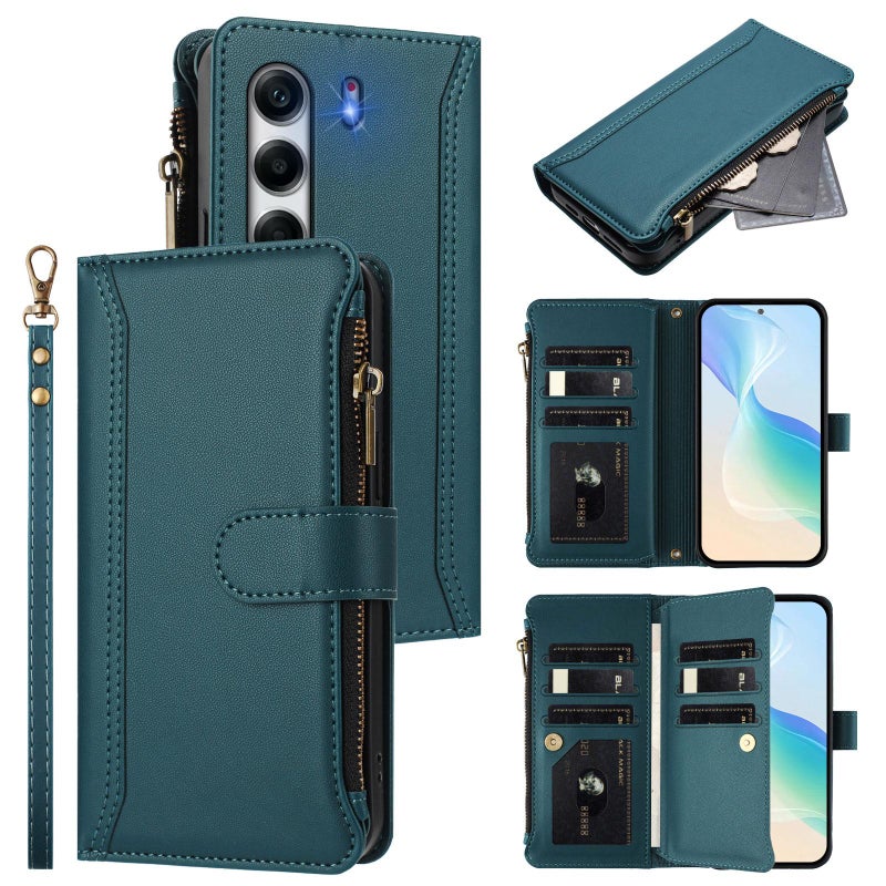 HuHa Case Cover For Tecno Camon 40 Pro 4G Global Magnetic Closure 9 Card Slots Zipper Leather Case with Hand Strap(Dark Green) - Image 1