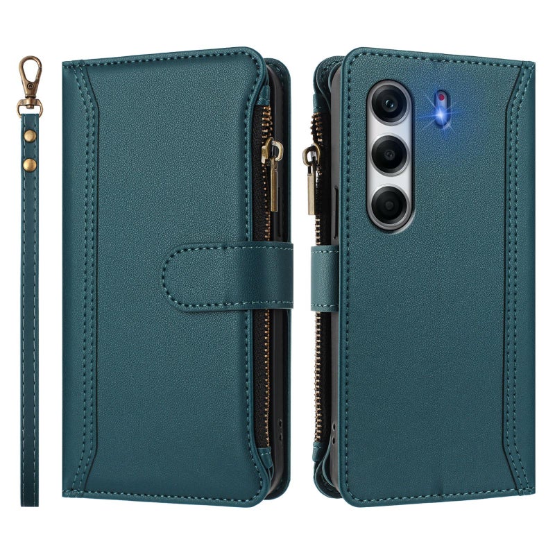 HuHa Case Cover For Tecno Camon 40 Pro 4G Global Magnetic Closure 9 Card Slots Zipper Leather Case with Hand Strap(Dark Green) - Image 2