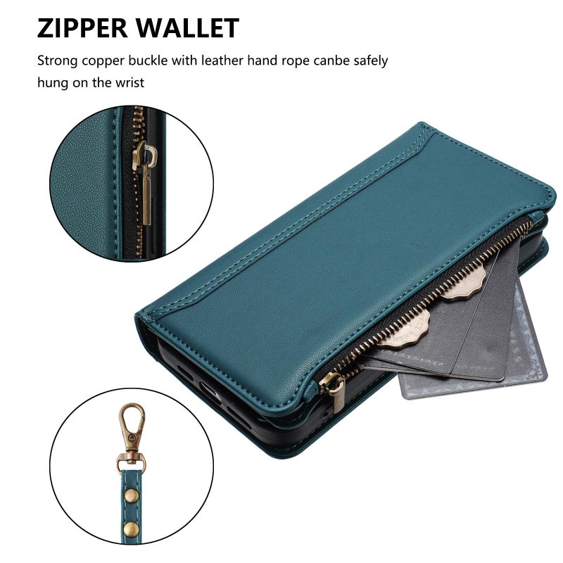 HuHa Case Cover For Tecno Camon 40 Pro 4G Global Magnetic Closure 9 Card Slots Zipper Leather Case with Hand Strap(Dark Green) - Image 5