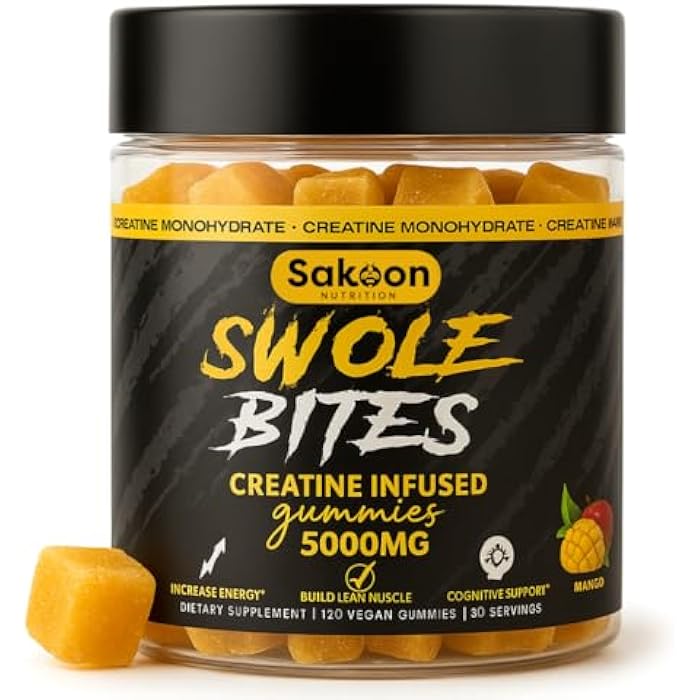 Sakoon nutrition Creatine Gummies 5000mg – Vegan - Muscle Builder – Strength & Energy Support – 120 Count – Mango Flavor – Creatine Monohydrate Supplement for Men & Women - Image 1