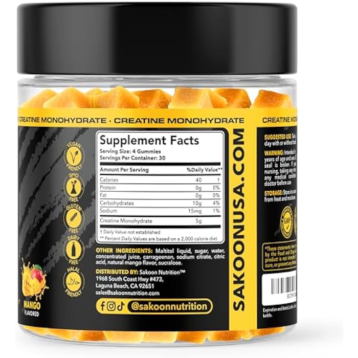 Sakoon nutrition Creatine Gummies 5000mg – Vegan - Muscle Builder – Strength & Energy Support – 120 Count – Mango Flavor – Creatine Monohydrate Supplement for Men & Women - Image 5