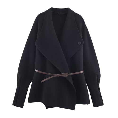 CUFEZN Women's Classic Open Front Cardigans Belted Wrap Knit Coatigan Coat Long Sleeve Casual Dressy Light Jacket Black One Size - Image 1