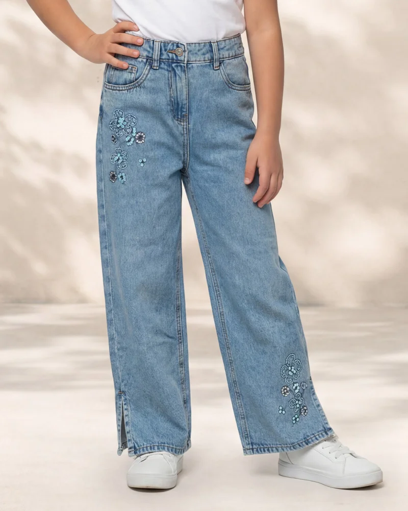 Redtag Senior Girls Blue Wide Leg Embroidered Jeans