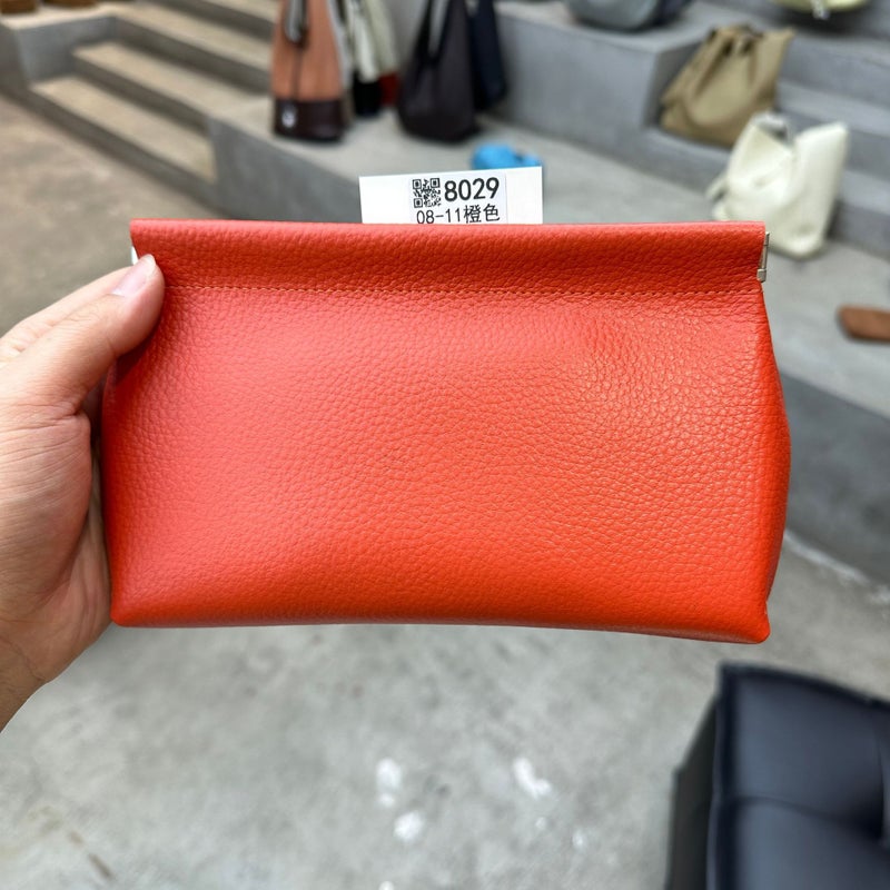 Korean Style Genuine Leather Cosmetic Bag Large Top Layer Cowhide Storage Bag Self-Closing Shrapnel Women'S Clutch Soft Leather Square Bag - Image 1