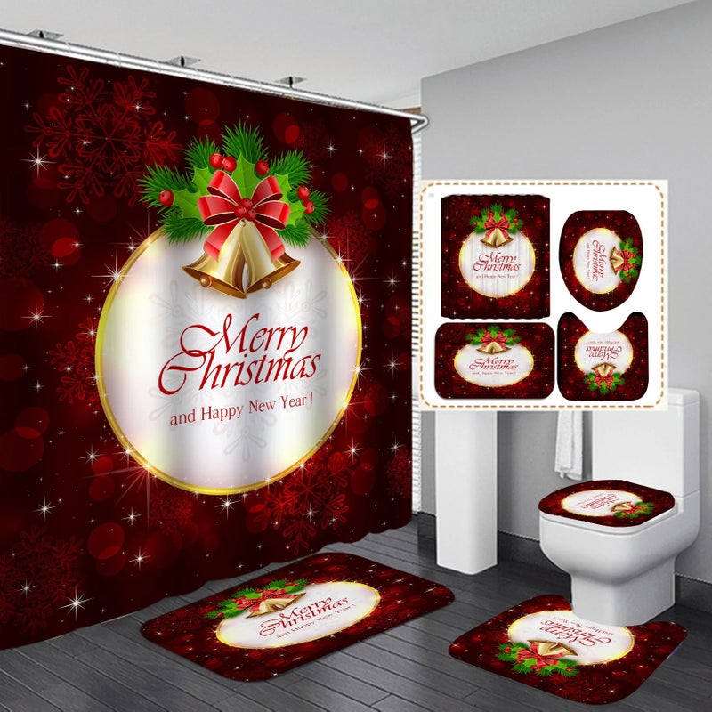 Bluejw ized New Christmas Santa Claus High Quality Waterproof Toilet Lid Cover Anti-Slip Rug Mat Set 4 Pieces Shower Curtain Set - Image 1