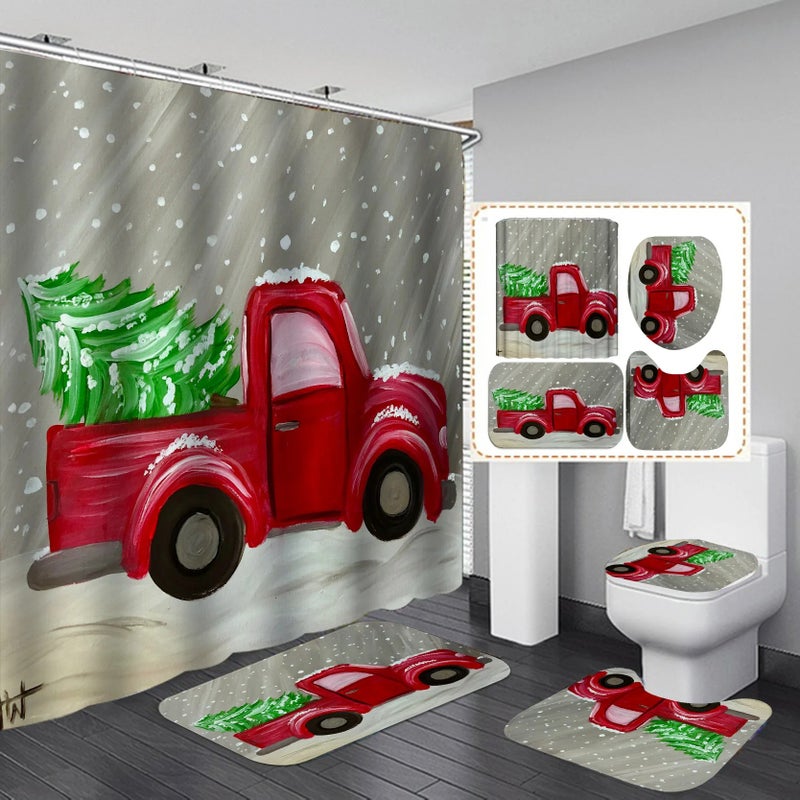 Bluejw ized New Christmas Santa Claus High Quality Waterproof Toilet Lid Cover Anti-Slip Rug Mat Set 4 Pieces Shower Curtain Set - Image 4