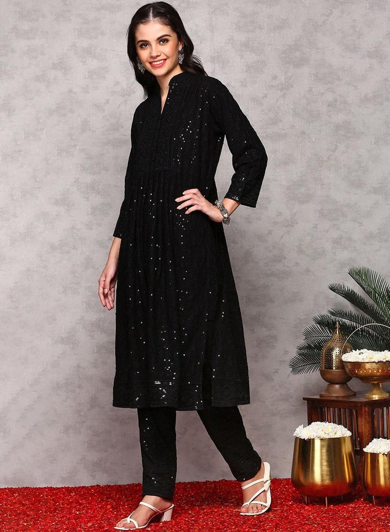 ISHIN Women's Black Rayon Printed Tunic Full Length Casual Regular Fit Kurta Set  - Image 1
