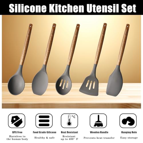 Miusco Acacia Wood : Miusco 5 Piece Silicone Cooking Utensil Set with Natural Acacia Hard Wood Handle - Image 2