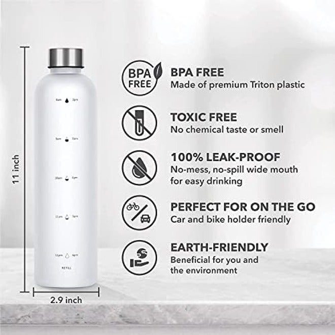 Tycom Drinking Water Bottle With Time Marker - 1L Leak-Proof, BPA Free, Motivational Reusable 32oz Water Bottles With Times To Drink - Ideal For Fitness, Sports, Travel, Gym, & Outdoor (White) - Image 3