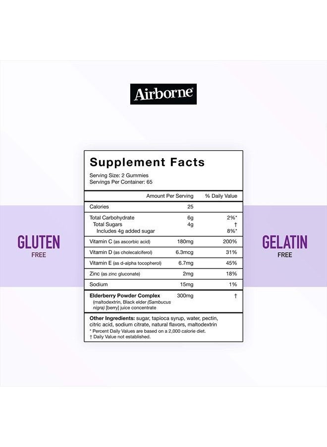 Airborne - Elderberry + Zinc & Vitamin C Gummies For Adults, Immune Support Vitamin D & Zinc Gummies with Powerful Antioxidant Vitamins C D & E - 130 Gummies, Elderberry Flavor - Image 1