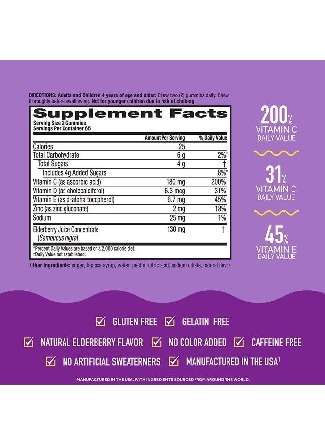Airborne - Elderberry + Zinc & Vitamin C Gummies For Adults, Immune Support Vitamin D & Zinc Gummies with Powerful Antioxidant Vitamins C D & E - 130 Gummies, Elderberry Flavor - Image 1