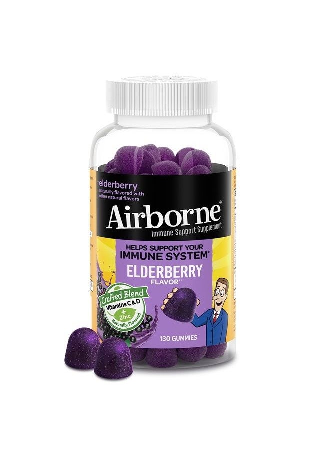 Airborne - Elderberry + Zinc & Vitamin C Gummies For Adults, Immune Support Vitamin D & Zinc Gummies with Powerful Antioxidant Vitamins C D & E - 130 Gummies, Elderberry Flavor - Image 1