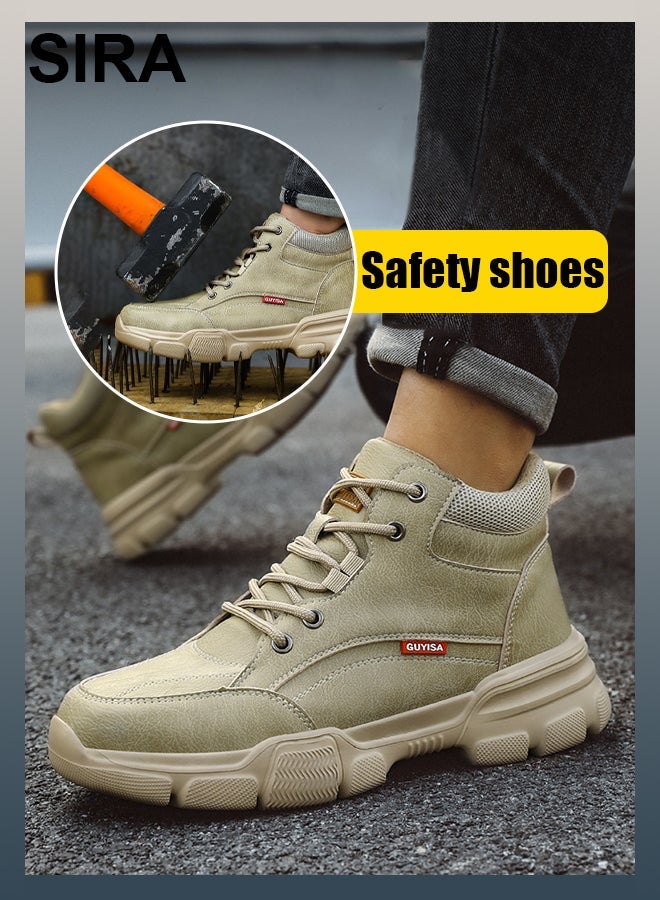 SIRA Men’s Leather Steel Toe Work Shoes Anti Slip Puncture Resistant Industrial Safety Boots Breathable Lightweight for Warehouse Factory Construction Site Soft Cushion Shock Absorption Non Stuffing Trendy Workwear - Image 1