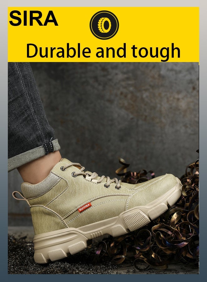 SIRA Men’s Leather Steel Toe Work Shoes Anti Slip Puncture Resistant Industrial Safety Boots Breathable Lightweight for Warehouse Factory Construction Site Soft Cushion Shock Absorption Non Stuffing Trendy Workwear - Image 4