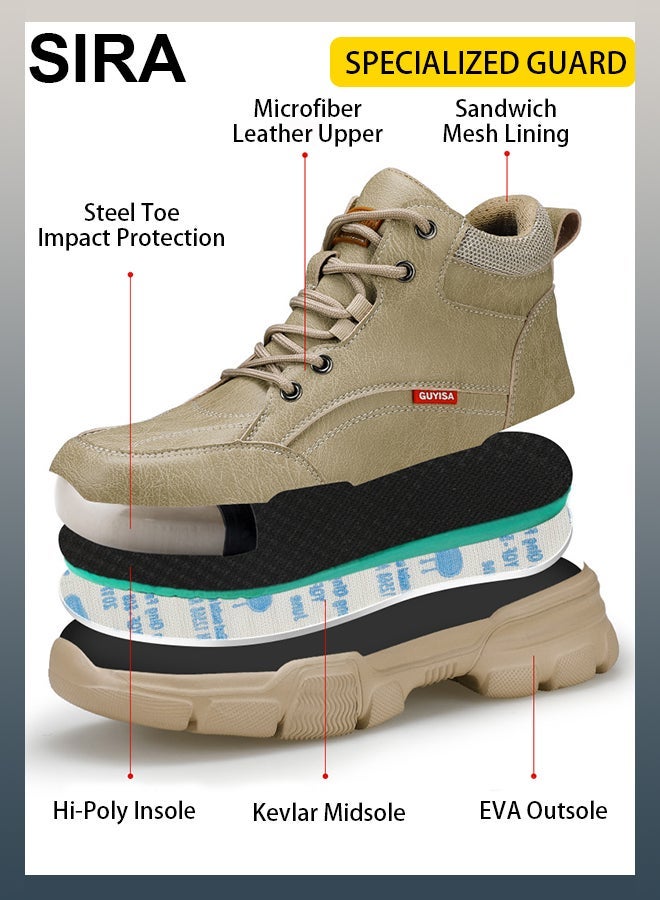 SIRA Men’s Leather Steel Toe Work Shoes Anti Slip Puncture Resistant Industrial Safety Boots Breathable Lightweight for Warehouse Factory Construction Site Soft Cushion Shock Absorption Non Stuffing Trendy Workwear - Image 3
