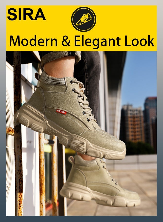 SIRA Men’s Leather Steel Toe Work Shoes Anti Slip Puncture Resistant Industrial Safety Boots Breathable Lightweight for Warehouse Factory Construction Site Soft Cushion Shock Absorption Non Stuffing Trendy Workwear - Image 5