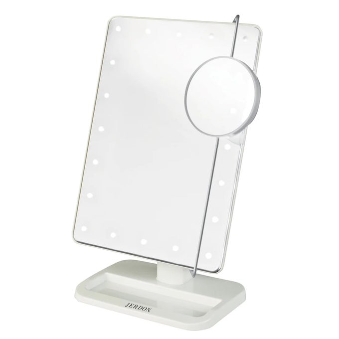 8-INCH BY 11-INCH LIGHTED VANITY MIRROR - RECTANGULAR TABLETOP MIRROR IN WHITE WITH 10X MAGNIFICATION SPOT MIRROR - MODEL JS811W