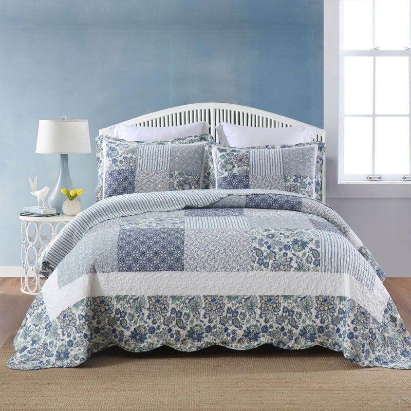 camandy Cotton Bedspread Quilt Bedding Sets 3 Pieces Reversible Coverlet Sets Comforters Vintage Floral Patchwork Blue Bedspread Blue Vintage Floral Queen Size
