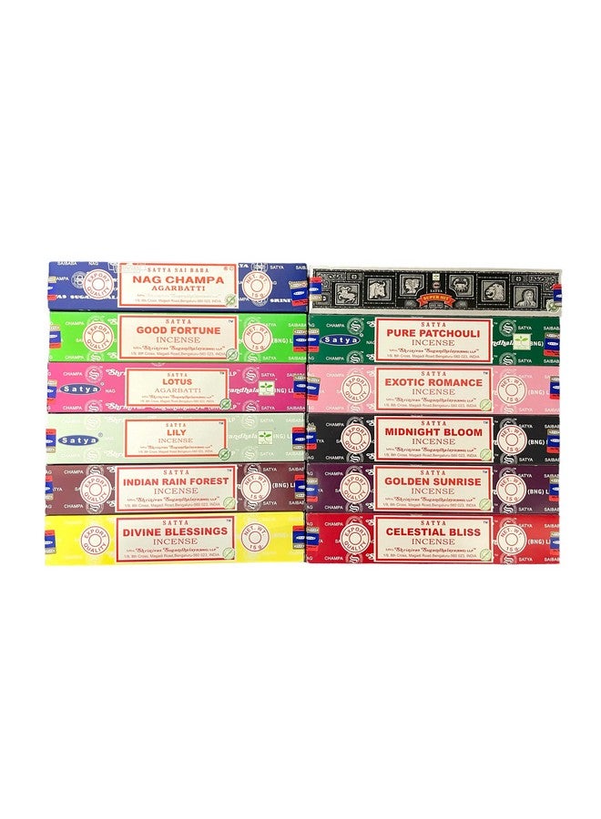 Satya Bangalore (Bng) Set Of 12 Nagchampa Superhit Celestialbliss Divineblessings Exoticromance Goldensunrise Indianrainforest Midnightbloom Purepatchouili Goodfortune Lotus Lily, Varietypack08  - Image 1