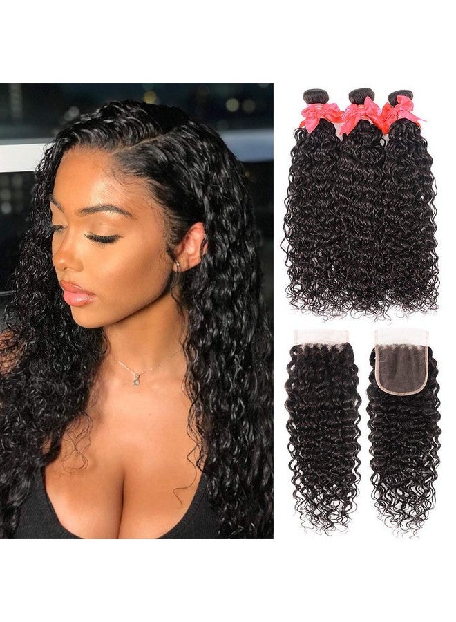 Miss GAGA 10A Water Wave Bundles With Closure (16 18 20 +14) Wet And Wavy Brazilian Virgin Human Hair 3 Bundles With 4X4 Lace Closure With Baby Hair Free Part 1B Curly Wave Human Hair Extensions - Image 1