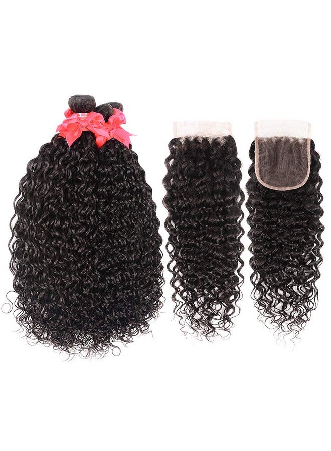 Miss GAGA 10A Water Wave Bundles With Closure (16 18 20 +14) Wet And Wavy Brazilian Virgin Human Hair 3 Bundles With 4X4 Lace Closure With Baby Hair Free Part 1B Curly Wave Human Hair Extensions - Image 5