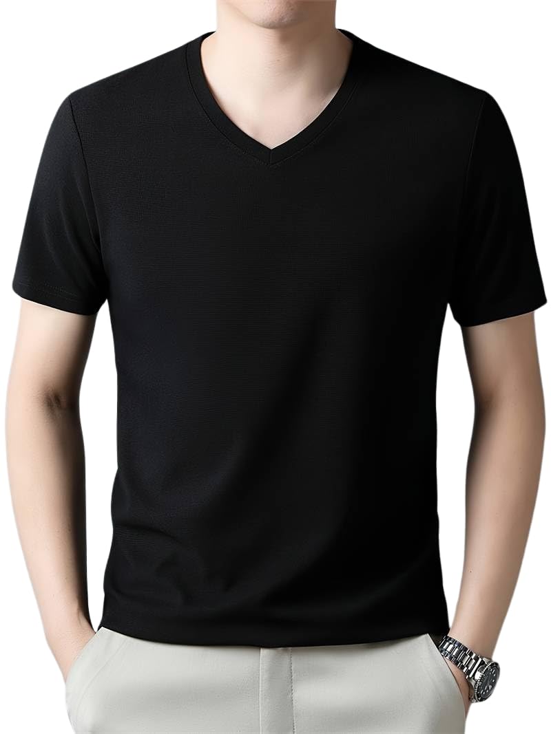 TAGDO® Men's Solid Color V-Neck Short Sleeve T-Shirt (Matte-Polo-2033-Black-S) - Image 1